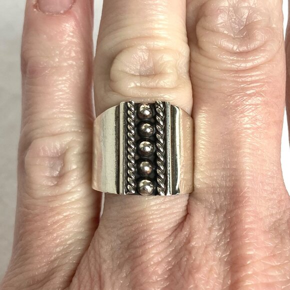 Sterling Silver 925 ATI Mexico Bead Ball Wide Band Ring Tapered Shank Sz 5.5 - Picture 11 of 16